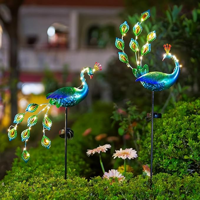 VEWOGARDEN 2 Pack Solar Stake Lights Outdoor Waterproof Metal Peacock Solar Lights for Yard Garden Patio Pathway Walkway, Blue