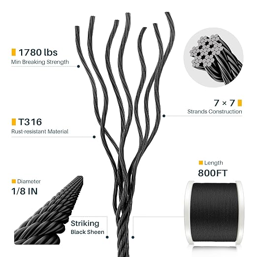 800FT 1/8" Black T316 Stainless Steel Cable, 7x7 Strands Construction, Black Wire Rope Aircraft Cable for Indoor, Outdoor, Deck Fence Railing, and DIY Balustrades