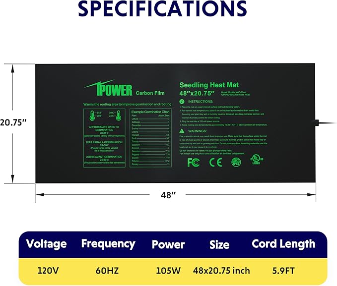 iPower 48" x 20.75" Hydroponic Seeding Warm Pad and Heat Mat Thermostat Controller Plant Starting Kit Combo