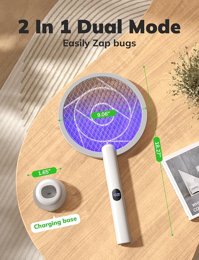 YISSVIC Electric Fly Swatter Bug Zapper Racket 4000V LED Screen Dual Modes Fly Zapper Rechargeable for Indoor Home Office Backyard Patio Camping