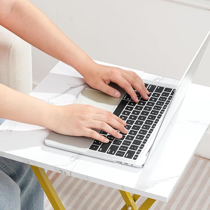 HOOBRO Folding TV Tray Table, Wooden TV Tray, Portable Sofa Side Snack Table, Industrial Desk for Small Spaces, Space-Saving, Easy to Install and Fold, Marble and Gold DM27BZ01