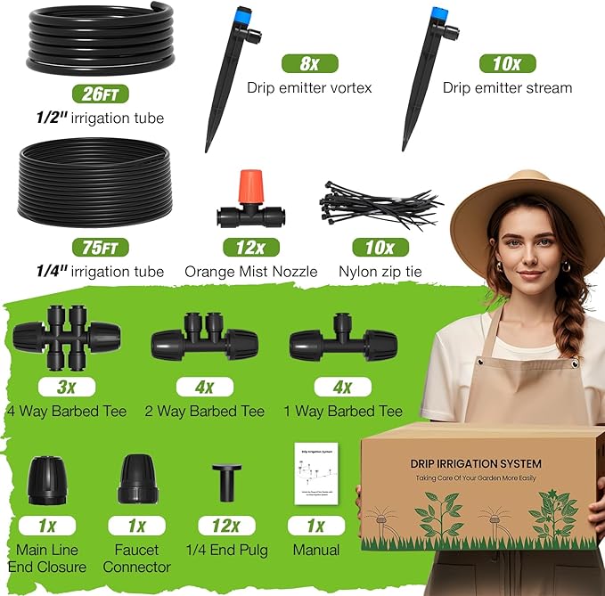 MIXC Greenhouse Micro Drip Irrigation Kit Automatic Irrigation System Patio Misting Plant Watering System with 1/4 inch 1/2 inch Irrigation Tubing Hose Adjustable Nozzle Emitters Barbed Fittings