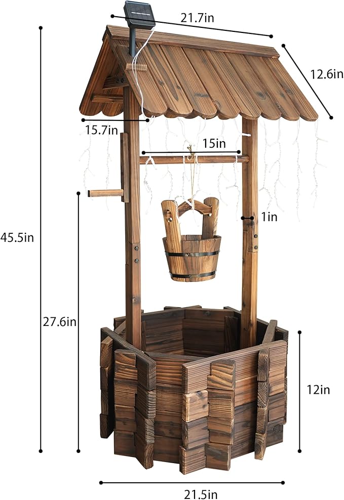 Wooden Wishing Wells for Outdoors with Solar Light Strip, Wishing Well Planters Also Add Splendor to Your Yard at Nightt, Brown