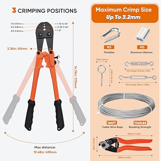 164FT 1/8" Stainless Steel Cable Kit with Wire Rope Crimping Tool and Cable Cutter, Turnbuckle Wire Tensioner Kit, 7x7 Strands Aircraft Cable for Deck Railing, Porch Fence, String Light