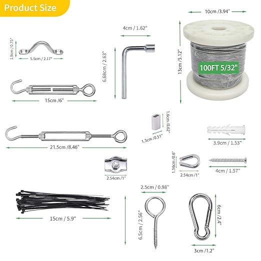 5/32" Wire Cable Rope Kit ，Vinyl Coated 304 Stainless Steel Wire – 100FT 7x7 Strand Cable with Turnbuckles，String Lights Hanging Kit for Outdoor, Garden,Patio, Crafts, Hanging Lights