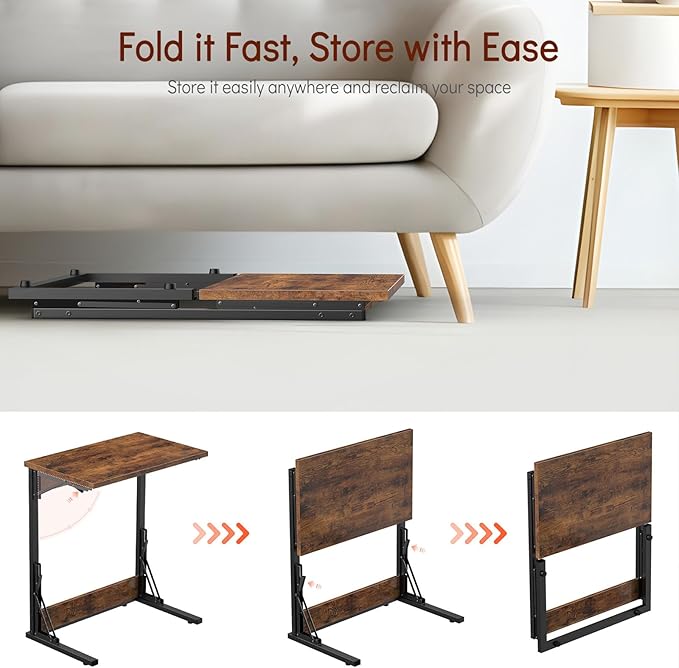 Tatub 24" Folding C Shaped End Table Set of 2, Small Sofa Side Laptop Desk, Couch TV Tray Table for Living Room, Bedroom, Rustic Brown