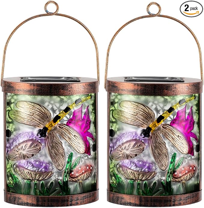 Starsoul 2 Pack Hanging Solar Lantern Outdoor Waterproof Glass Dragonfly Decorative Solar Lights for Outside Garden Yard Table Patio Decor