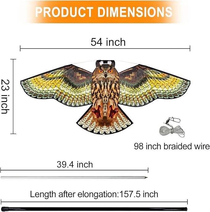 Bird Hawk Flying Kite with Pole Crop Protector Bird Scare Kites with 4m Pole - Owl Kite