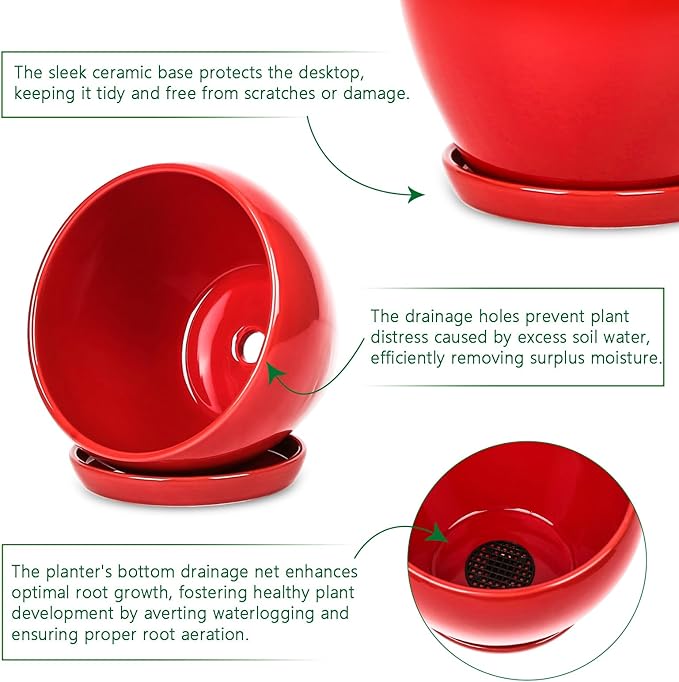 vicrays Ceramic Plant Pots Indoor - 6.5 Inch Planter Pot with Drainage Hole and Saucer for Succulent Orchid Flower Herbs Cactus - Ideal for Gardening Home Desktop Office Decor - Red