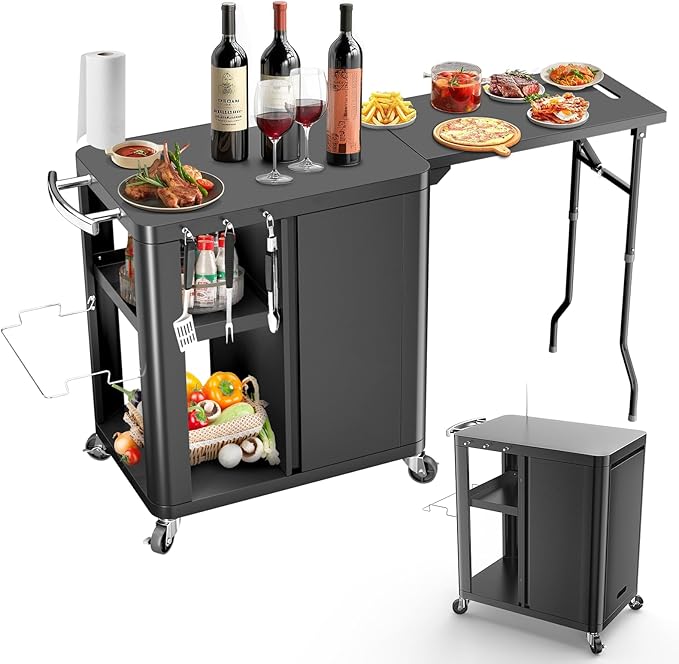 Outdoor Grill Table Cart 57"x24"x35", Outdoor Kitchen Island with Storage & Large Tabletop for Blackstone Griddle, Ooni Pizza Oven, Ninja Woodfire Grill, BBQ Station, Dining Cart, Rolling BBQ Table