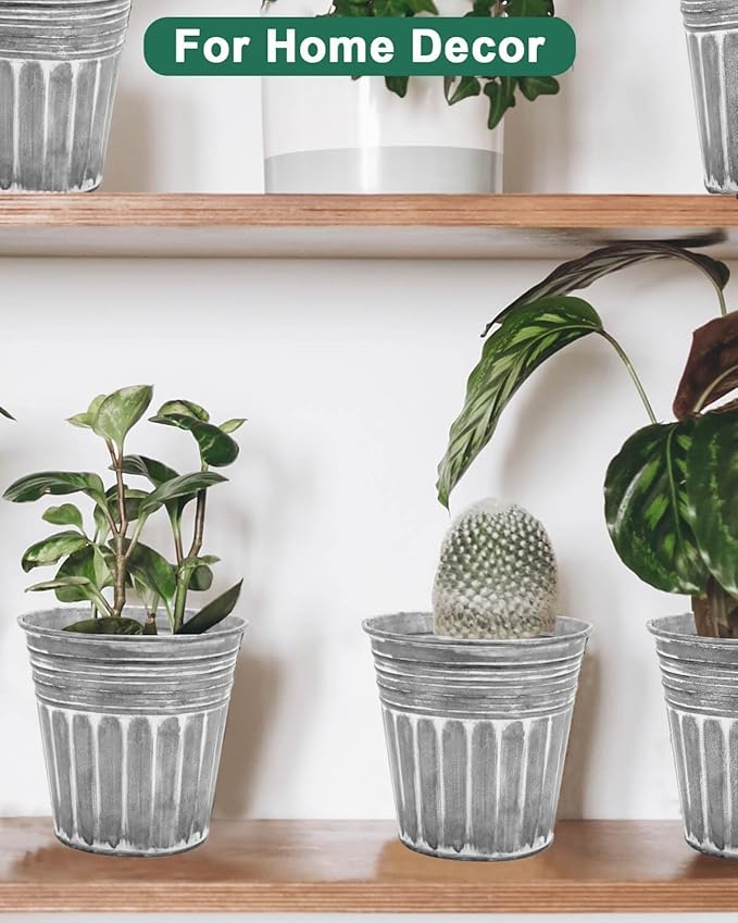 vensovo 6 Inch Silver Metal Rustic Flower Pots - 6Pcs Galvanized Planters with Drainage Hole and Rubber Plug, Rustproof Metal Bucket Plant Pots Farmhouse Vintage Style for Decor