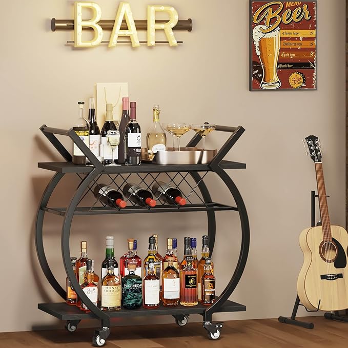 LVB Black Wine Cart with Wheels, Modern Bar Cart with Wine Rack, Industrial Beverage Rolling Kitchen Serving Cart with Storage, Metal Wooden Microwave Drink Liquor Cart for Home Dining Room, Black Oak