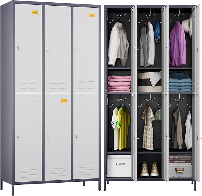METAN Metal Locker for School Office Gym Bedroom,6 Doors Steel Storage Lockers Cabinet for Employees,Industrial Storage with 1 Shelf,Assembly Required,Gray White