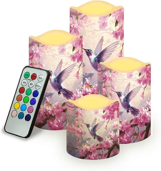 Ystardream Hummingbird Operated Candles with Flickering Flame Flameless Taper Candles Flickering Peach Blossom Operated Electric Pillar Candle LED Candle for Indoor Outdoor Home Decor