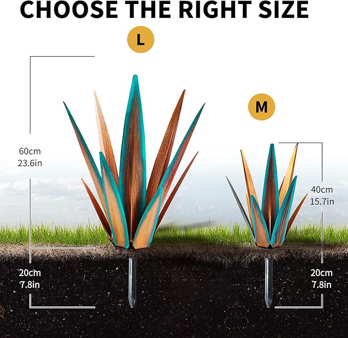 Large Tequila Rustic Sculpture, Rustic Metal Agave Plants for Outdoor Patio Yard, Home Decor Hand Painted Metal Agave Garden Yard Statue, Outdoor Lawn Ornaments Yard Stakes (Blue - M)