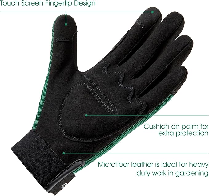 COOLJOB Thorn Proof Garden Gloves with Touchscreen Fingers for Men, Rose Pruning Work Gloves with Palm Cushion for Gardener, Farmer and Landscaper (Green 1 Pair XL)