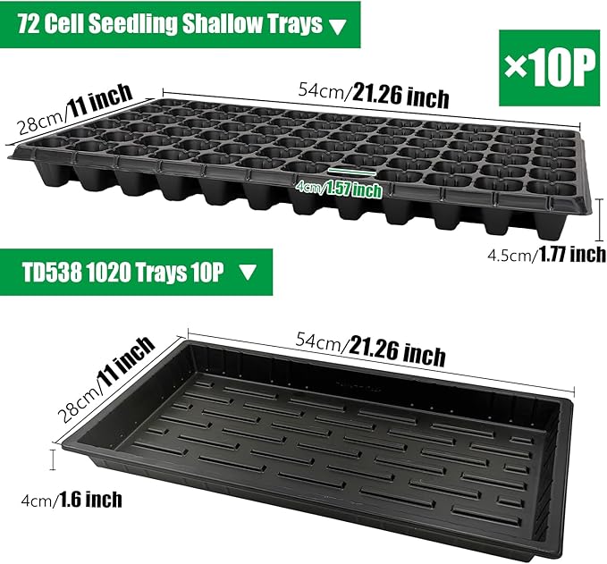 10 Pack 1020 Seed Starter Trays and 10 Pcs 72 Cell Plug Trays, Thick Durable Seedling Plastic Nursery Tray for TD538 1020 Tray Germination (10 Sets)