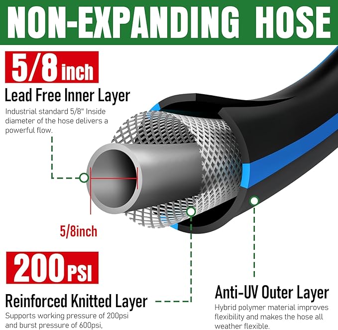 Heavy Duty Garden Hose 6ft, NON-EXPANDABLE Flexible Water Hose, Kink Resistant Lightweight Hybrid Hose, Leakproof Hose Male to Female Fittings