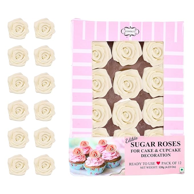 Confect Edible Ivory Rose Toppers – 12-Pack Classic Pearl Edible Roses for Cake, Cupcake Decorating – Elegant Floral Toppers for Desserts- Vegan, Nut-Free, Soy-Free, Dairy-Free, Palm Oil-Free