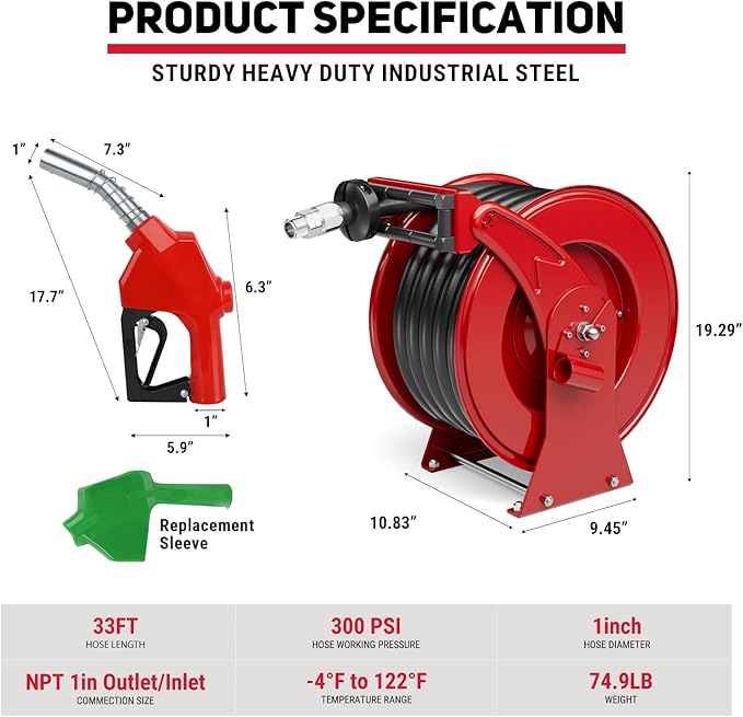 Retractable Diesel Fuel Hose Reel - 1 inch x 33ft Spring Driven Auto Swivel Rewind Hose Holder Reel with Fueling Nozzle, 300 PSI Industrial Steel for Aircraft Ship Vehicle Tank Truck, Red