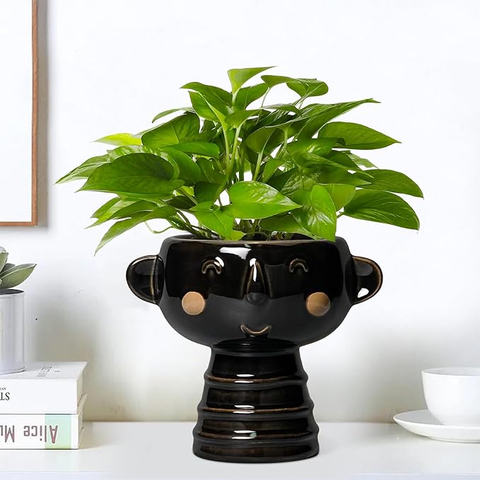 Face Planter - 7 Inch Ceramic Head Planters for Indoor Plants Outdoor, Cute Succulent Pots with Drainage Hole, Decorative Plant Pot, Home Office Room Decor, Black