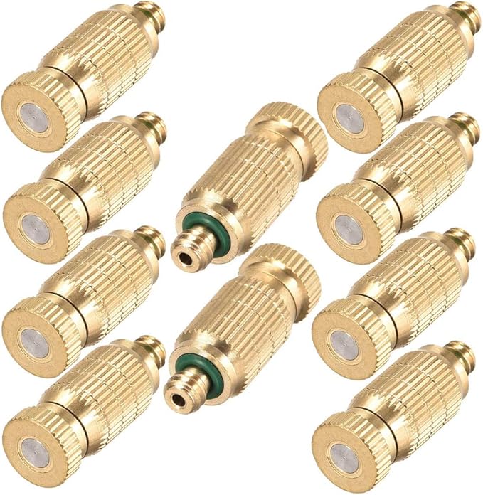 Brass Misting Nozzle, 10 Pack High Pressure Spray 10/24 UNC Outdoor Anti-drip Fogging Spray Head Misting System Tips for Landscaping Outdoor Cooling System (0.012 Orifice)