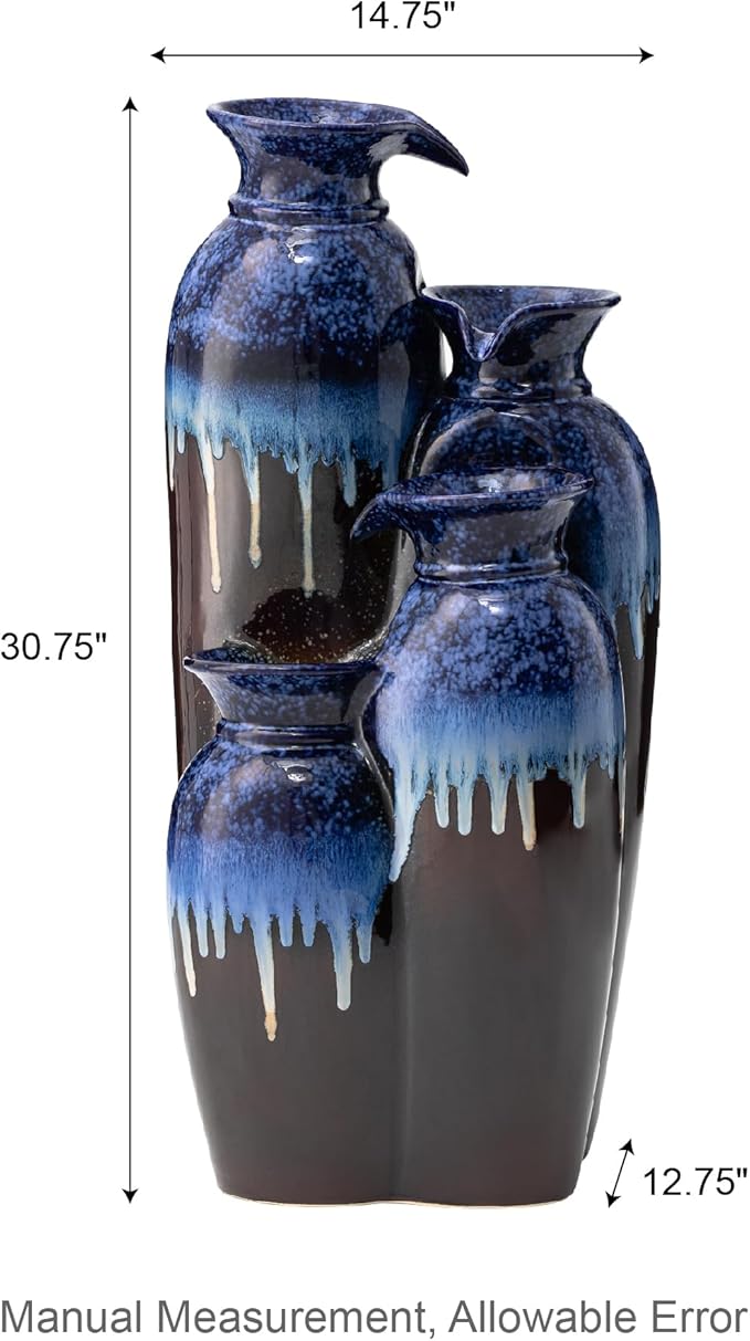 Glitzhome 30.75" H Vase Ceramic Outdoor Water Fountain with LED Lights and Pump, 4-Tier Cobalt Blue and Brown Reactive Glaze Cascading Pots Standing Fountain for Porch Deck Garden Patio Backyard