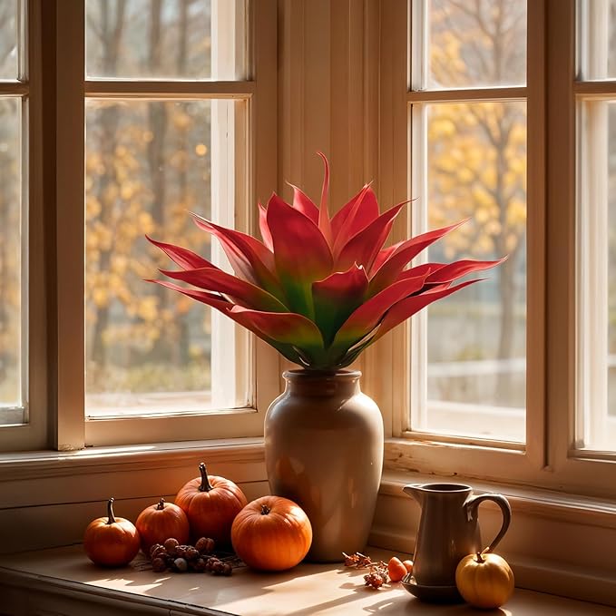 Velener Fake Agave Artificial Plant, Red Fake Plant for Room Decor, Unpotted Faux Agave Stems Plant for Fall Outdoor/Indoor Decor, 14 inches, Set of 2