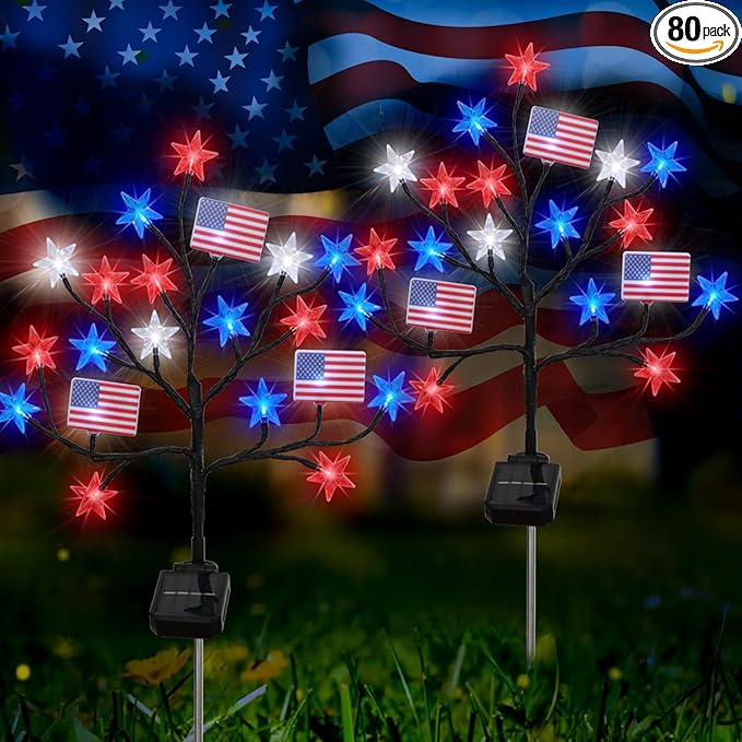 Upgraded 4th of July Decorations Solar Lights, 2 Packs 40LED Red White and Blue 4th of July Stake Lights, Outdoor Waterproof Memorial Day Decorations Patriotic Lights for Garden Yard Pathway Grave