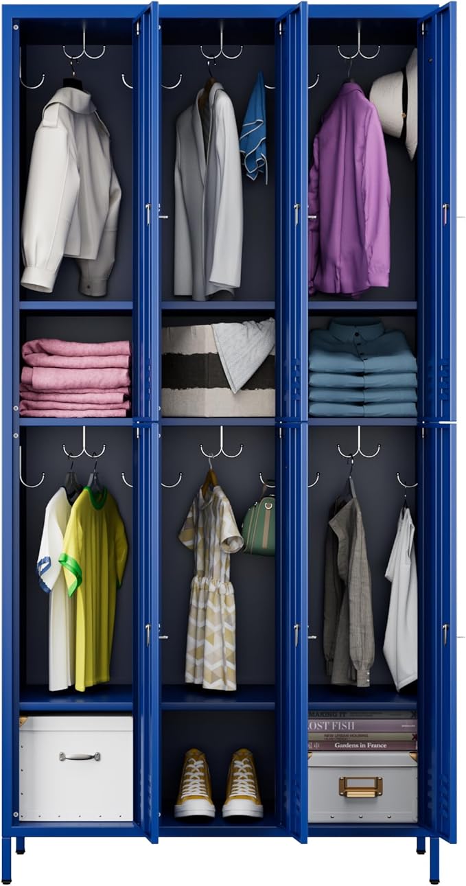 6 Doors Metal Lockers for Employees with 6 Shelves and 18 Hooks, Storage Locker with Business Card Holder for Office Gym School Bedroom, Assembly Required, Blue
