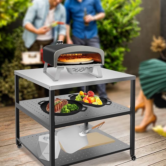 31.5” Pizza Oven Table for ooni Ninja Gozney Aidpiza BIG HORN, Modular Grill Cart for Blackstone Cuisinart Weber Char-Broil Royal Gourmet Pit Boss GasOne Griddle, Movable Food Prep Workcart Stand