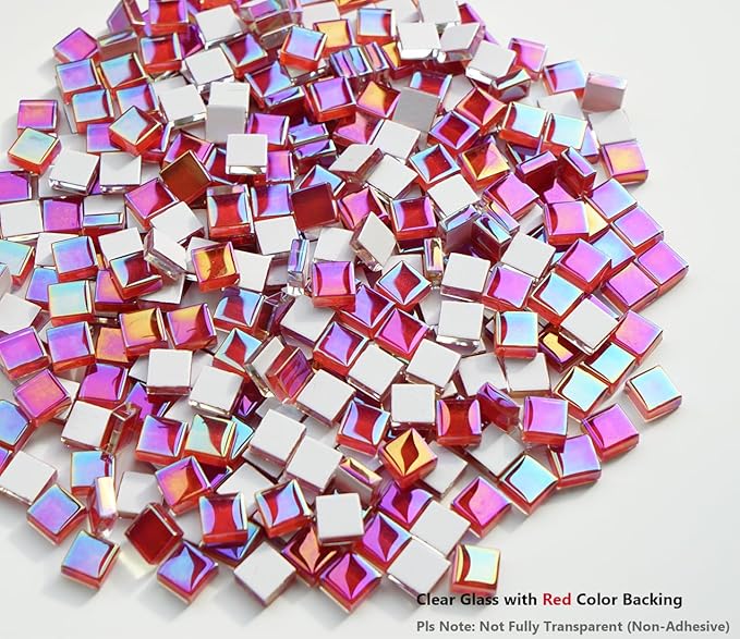 0.66lbs Ruby Red Iridescent Mosaic Tiles, 3/8" Square Glass Pieces With Smooth Edges, Ideal for Making Supplies, Small Colored Glass Tiles for DIY Coaster Projects
