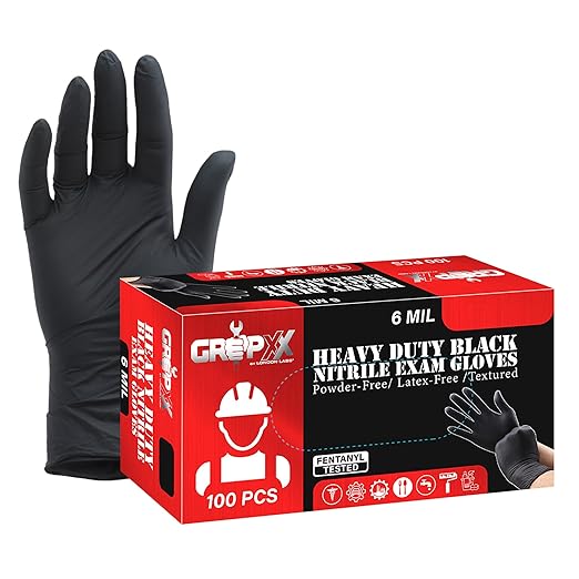 Heavy Duty 6 Mil Black Nitrile Gloves - Disposable, Latex & Powder Free | Mechanic, Food Prep & Tattoo | Rubber Gloves for Cooking, Cleaning & Household | Pack of (100)
