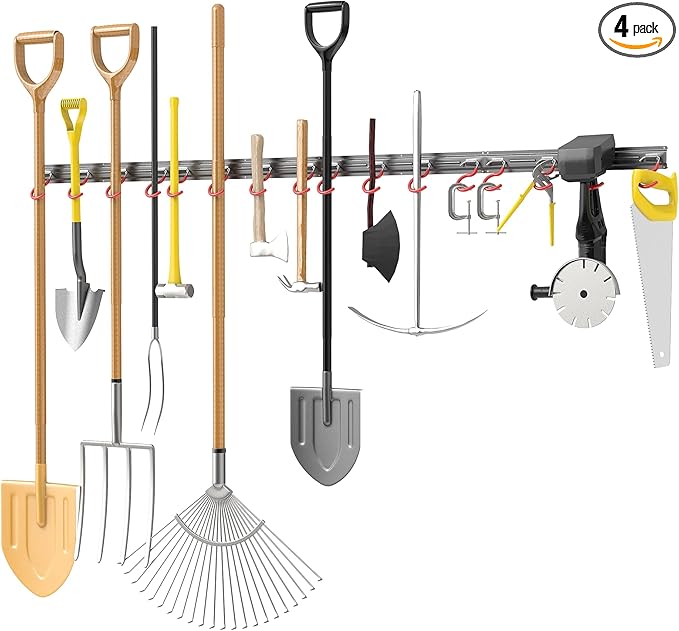 TORACK Metal Wall-Mounted Garden Tool Organizer for Garage, Mop and Broom Holder, Yard Tool Storage Rack for Rakes, Shovels, Mops, Brooms (4 Rails, 16 Hooks)