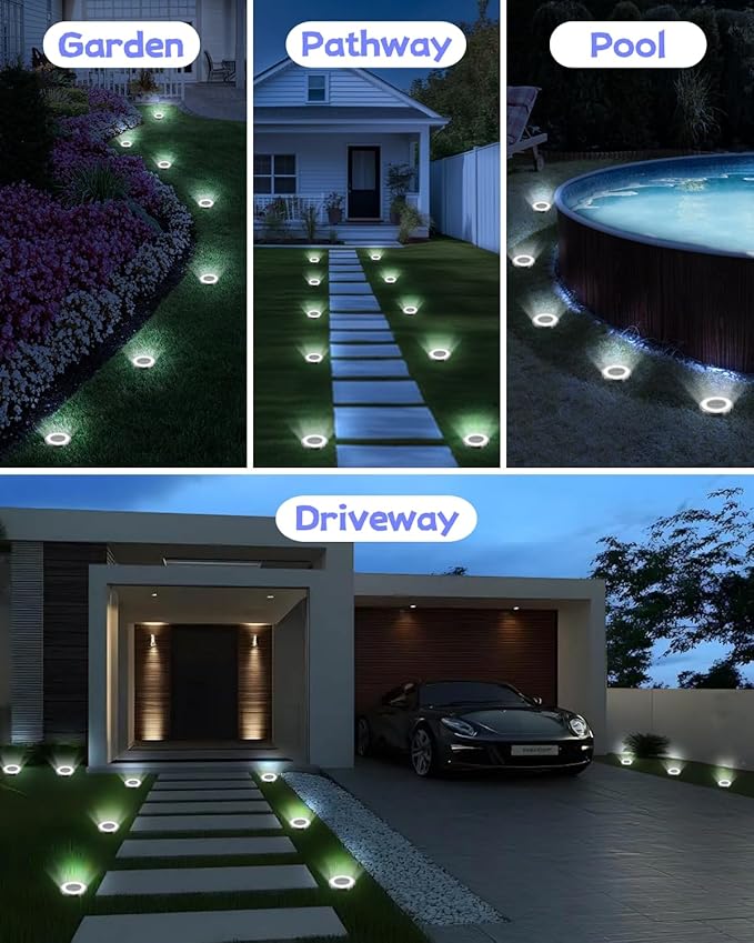 Mini Solar Ground Lights Outdoor 24 Pack Waterproof Upgraded Anti-Rust Solar Flat Garden Lights Stainless Steel Solor Powered Disc Landscape Light for Pathway Walkway Yard Lawn Patio-Cool White