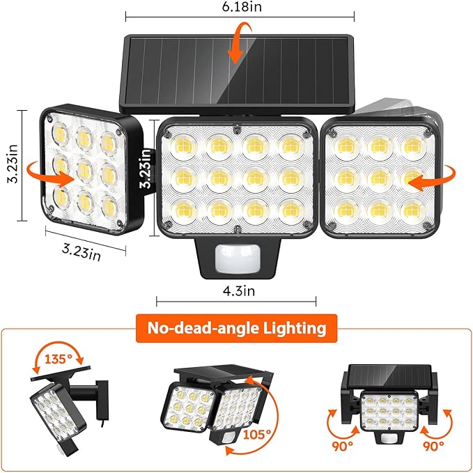 WdtPro Solar Lights Outdoor Waterproof 1 Pack, 3500LM Super Bright Motion Sensor Solar Powered LED Flood Lights, Upgrade Glass Panel, Solar Security Light Spotlights for Outside Yard