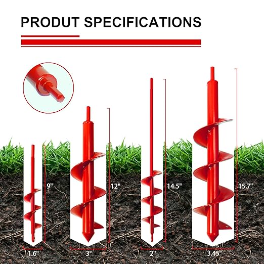 4 Pack Garden Auger Drill Bit for Planting,Ground Soil Earth Spiral Drill Bits for 3/8" Hex Drive Drill, Auger Drill for Bulbs Planting, Hole Digger Flowers,Bedding Digging Plant Rapid Planter Tool