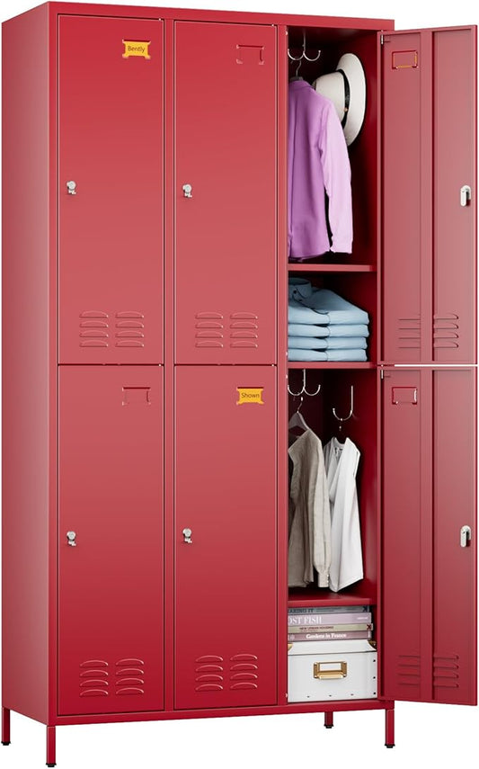 6 Doors Metal Lockers for Employees with 6 Shelves and 18 Hooks, Storage Locker with Business Card Holder for Office Gym School Bedroom, Assembly Required, Red