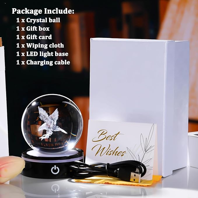 YWHL 3D Eagle Figurine Crystal Ball with Colorful Light Base, Eagle Gifts for Women Men Eagle Lovers on Christmas Birthday, 3D Laser Engraved Eagle Sphere Glass Ball for Home Office Decoration (80mm)