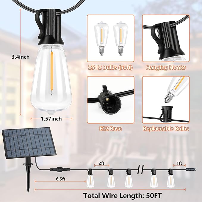 Bosceos 50 FT Solar String Lights for Outside, Solar Powered Outdoor String Lights, Dimmable Patio Lights with Remote Timer, 3 Lighting Modes Hanging Lights Waterproof for Christmas Wedding Tents