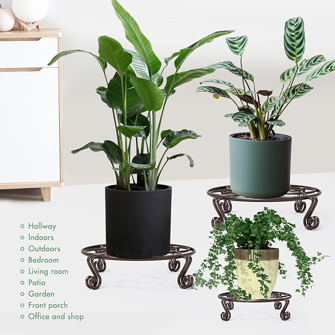 Yimobra 2 Pack Plant Stand for Flower Pot Heavy Duty Potted Holder Indoor Outdoor Metal Rustproof Iron Garden Container Round Supports Rack for Planter Bronze, Brown, 9.4 Inches