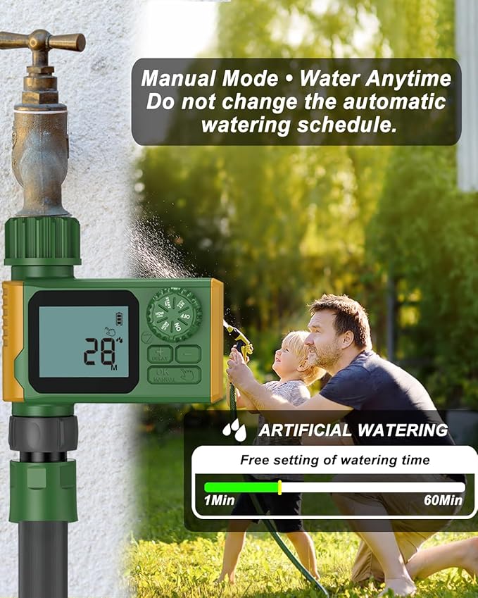Programmable Sprinkler Timer, Irrigation Water Timer with Digital for Garden Soaker Hose, Rain Delay/Manual/Automatic Watering System for Outdoor, Yard, Lawn, 1 Outlet Green/Yellow
