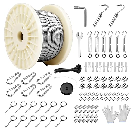 1/8" Vinyl Coated Wire Rope Kit with Work Gloves, 300FT Stainless Steel String Light Hanging Kit with Turnbuckle,7x7 Strand 920LB Strength Clothes Line Cable for Outdoor, Crafts, Garden