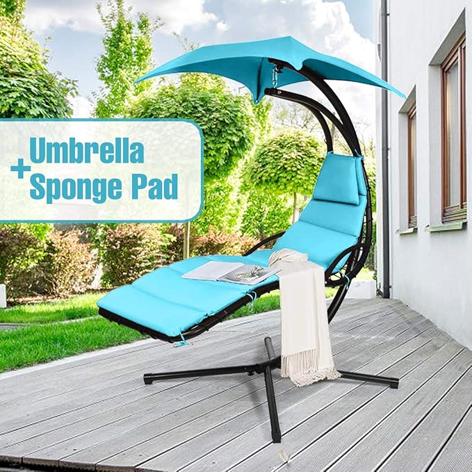 Weatherproof Replacement Cushion Pad and Umbrella for Hanging Lounge Chair Outdoor Chaise Hanging Hammock Chair - Long-Lasting, Fade-Resistant, Quick-Dry, Outdoor Lounge Replacement Set (Light Blue)