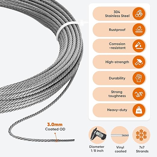 100FT 1/8" Stainless Steel Cable with Wire Rope Crimping Tool and Cable Cutter, 1760 lbs Breaking Strength, 7x7 Strands Aircraft Cable for Deck Railing, Porch Fence, String Light