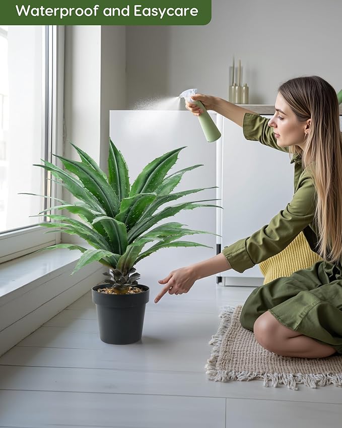 Velener Artificial Agave Plant in Black Pot with Real Stone Pebbles, Large Fake Agave Plants with Green Serrated Leaves, Faux Yucca for Indoor and Outdoor Decor-32 Inches Tall, 40 Leaves