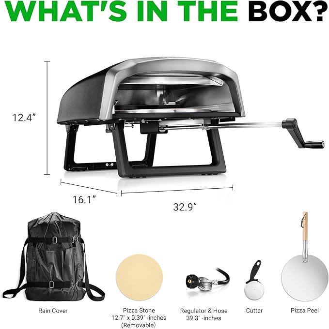 Nutrichef Outdoor Pizza Oven - Manual 360° Rotating Pizza Stone - Adjustable Heat - Includes Pizza Peel, Pizza Cutter, Stone, Cover, & Hose - Cook 12" Pizza in 60 Seconds - Long Handle