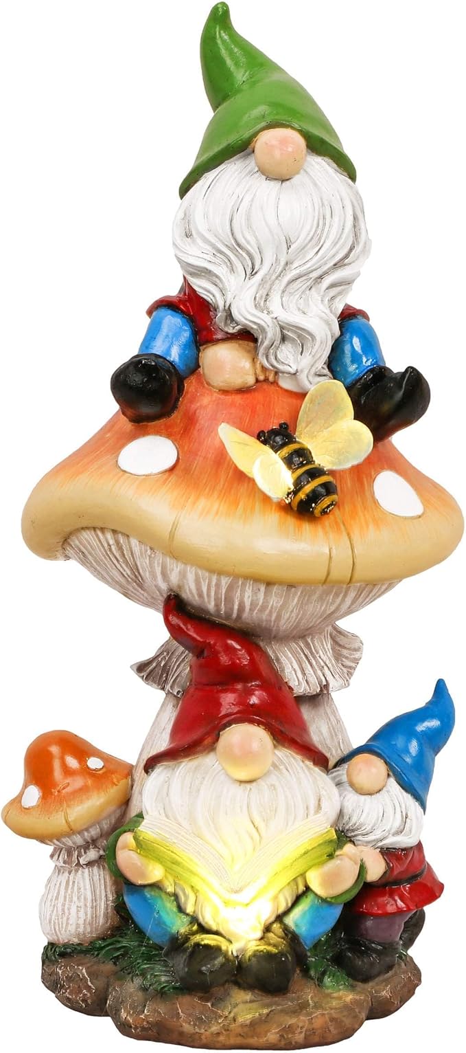 TERESA'S COLLECTIONS Garden Gnomes Statues Decorations for Yard with Solar Lights, Resin Sculptures& Statues on Mushroom Reading Garden Outdoor for Patio Lawn Ornaments,Ideal Gifts for Mom, 12.6"