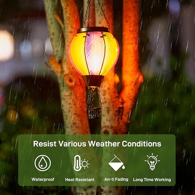 Solar Hot Air Balloon Lantern with Flame Outdoor Lights, Solar Lantern Gardening Gifts for Mom Grandmom, Hanging Hot Air Balloon Lights Outdoor Waterproof Decor for Patio