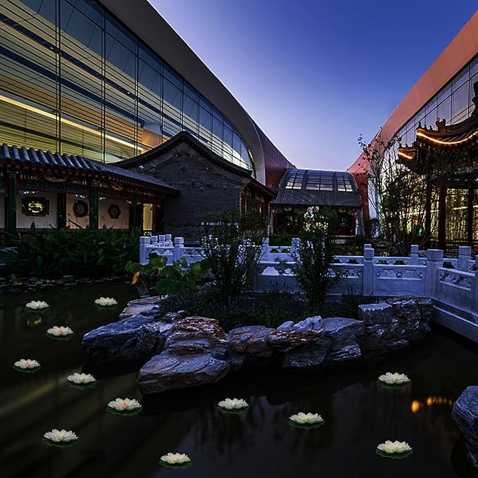 12 PCS Floating Lotus Lights - Artificial LED Lotus Waterproof Battery Operated Water Activated Color Changing Fake Lily Pad Lights for Pool Pond Lantern Garden Outdoor Decor